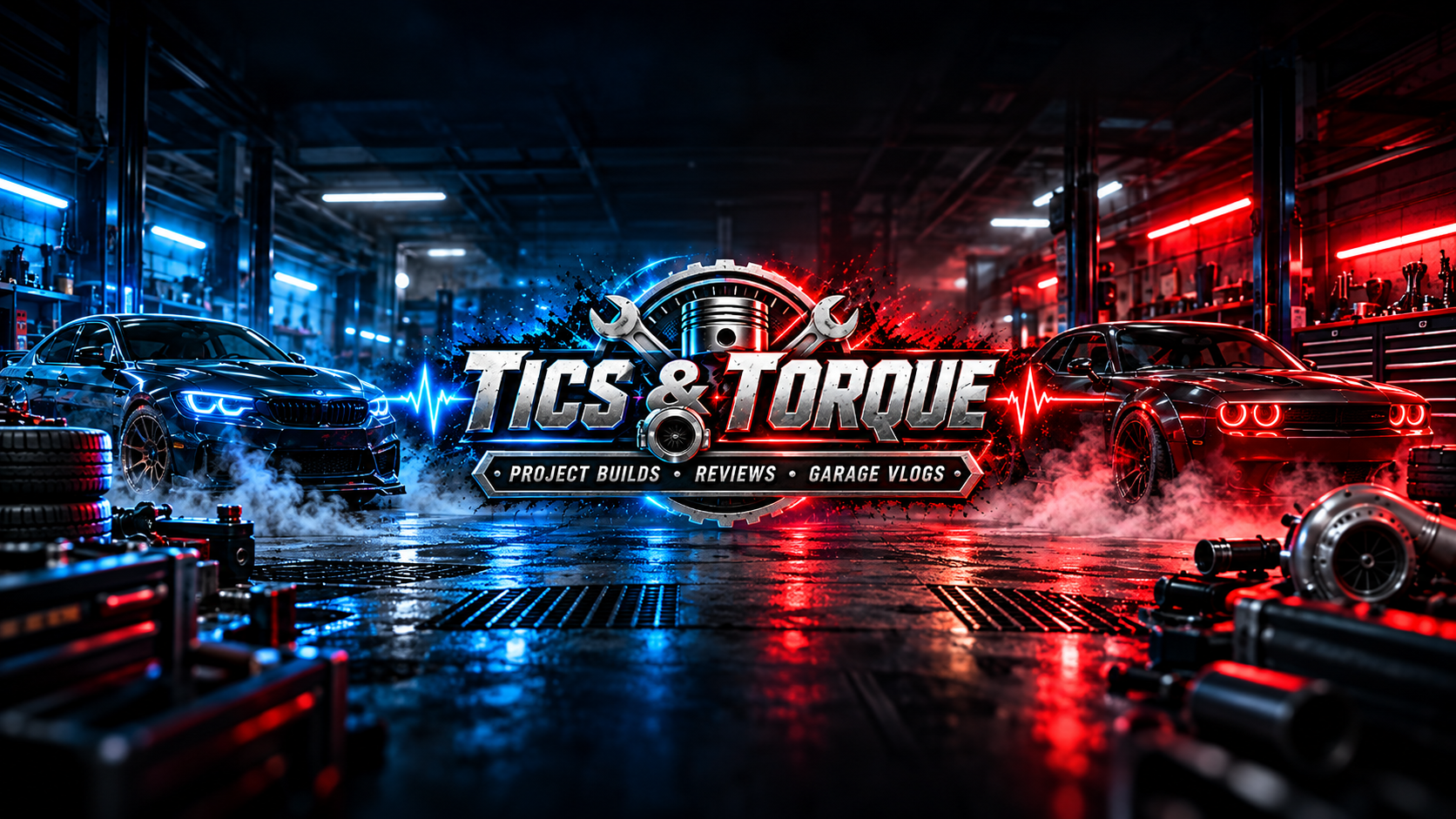 Tics & Torque in a neon blue and red garage, with two cars and workshop equipment